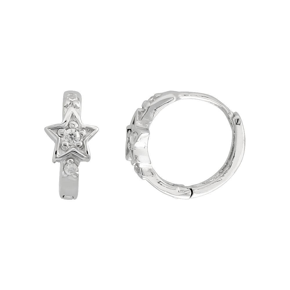 Sterling Silver Cubic Zirconia Tiny Star Huggie Hoop Earrings, 19/36 inch round