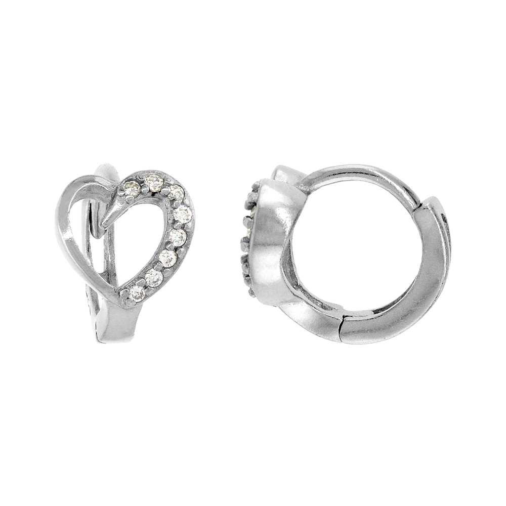 Sterling Silver Cubic Zirconia Heart Cut Out Huggie Hoop Earrings, 3/8 inch round