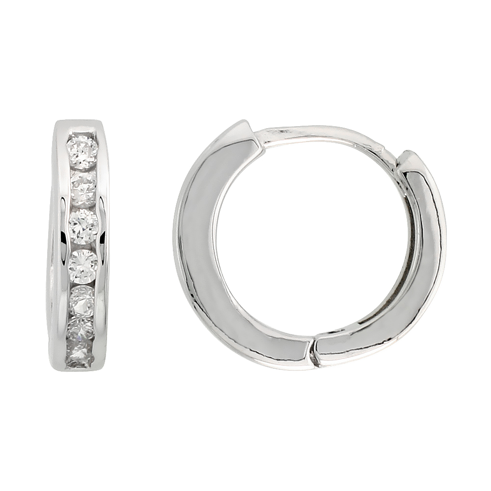 Sterling Silver Cubic Zirconia Eternity Huggie Hoop Earrings, 9/16 inch round