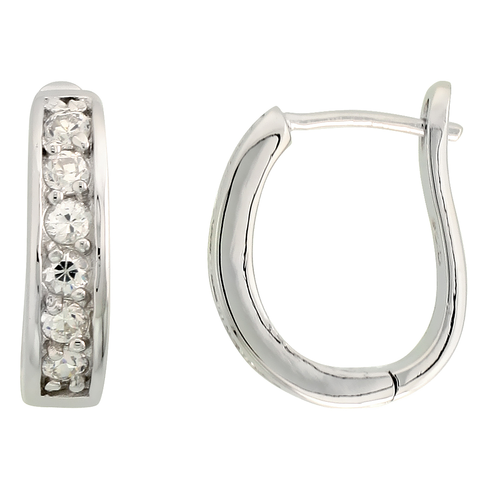 Sterling Silver Cubic Zirconia U-shaped Huggie Hoop Earrings, 11/16 inch round