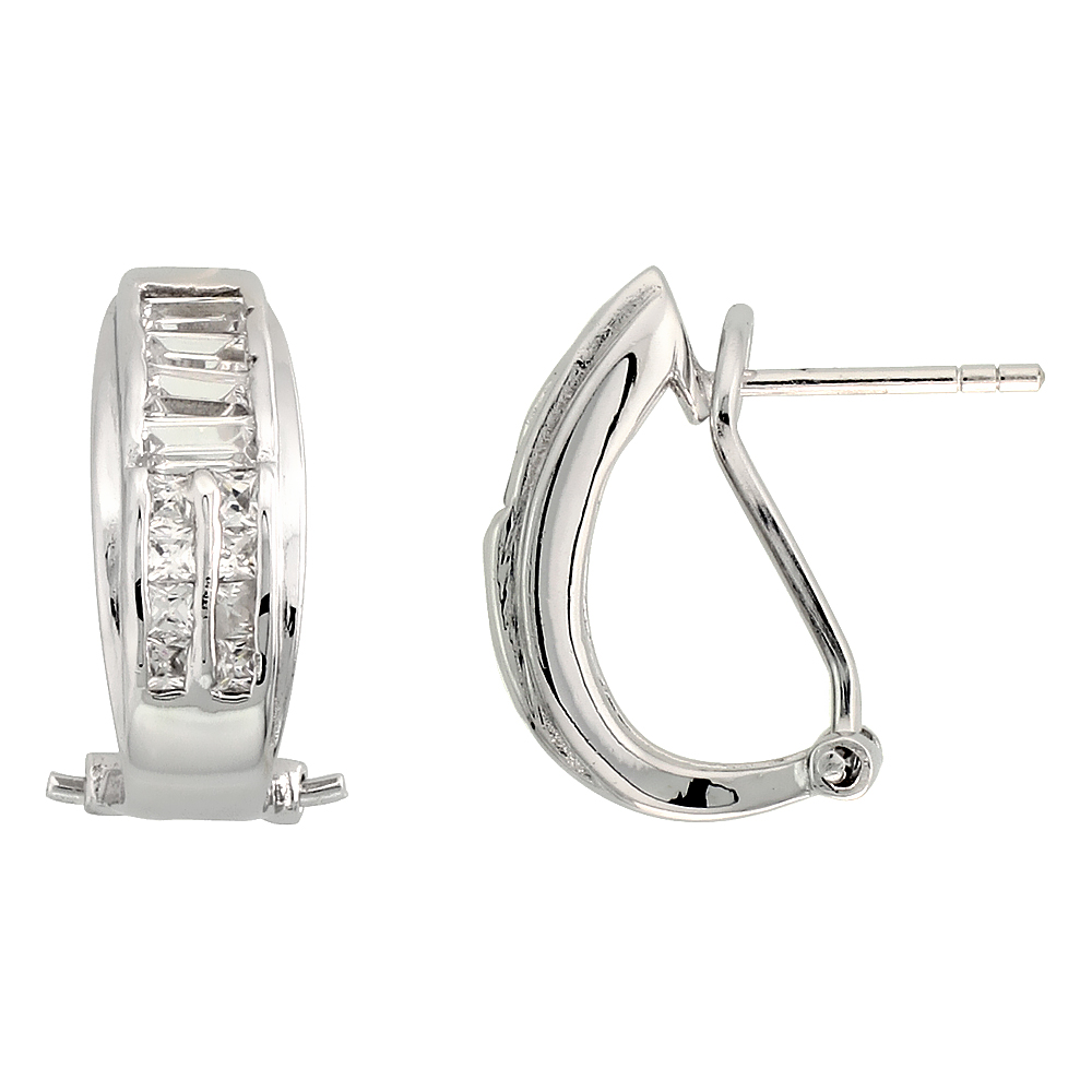 Sterling Silver Cubic Zirconia Omega Back Huggie Earrings, 11/16 inch round