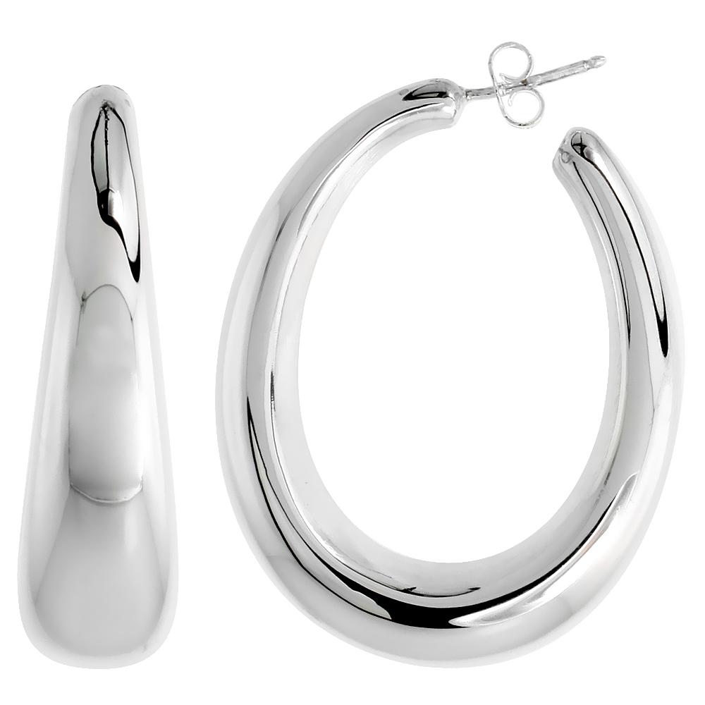 High Polished Large Hollow Oval-shaped Earrings in Sterling Silver, 2 1/16" (52 mm) tall