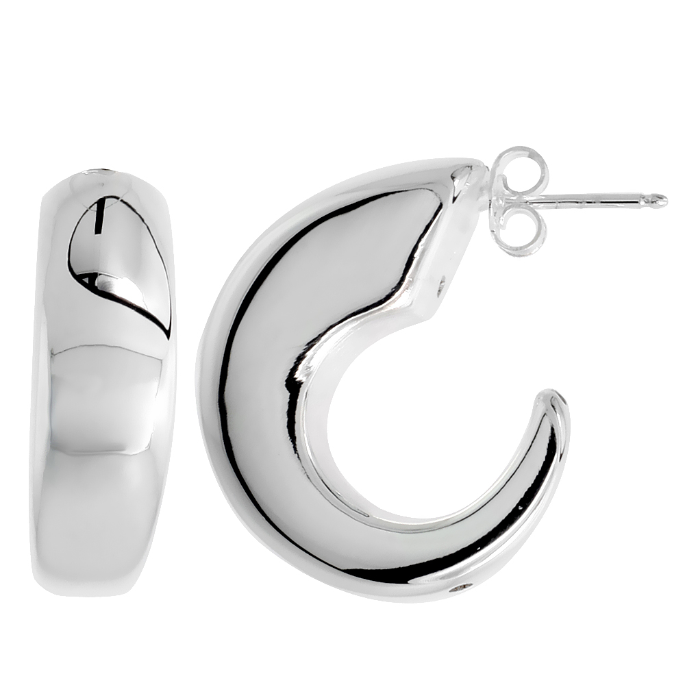 High Polished Hollow Half-Hoop Earrings in Sterling Silver, 1 1/8" (29 mm) tall