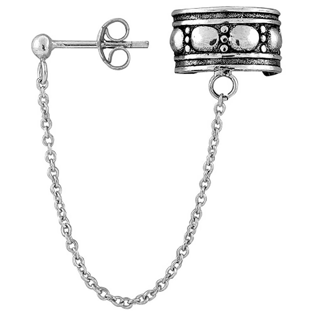 Sterling Silver Ear Cuff Earring with chain &amp; Ball Stud (one piece)