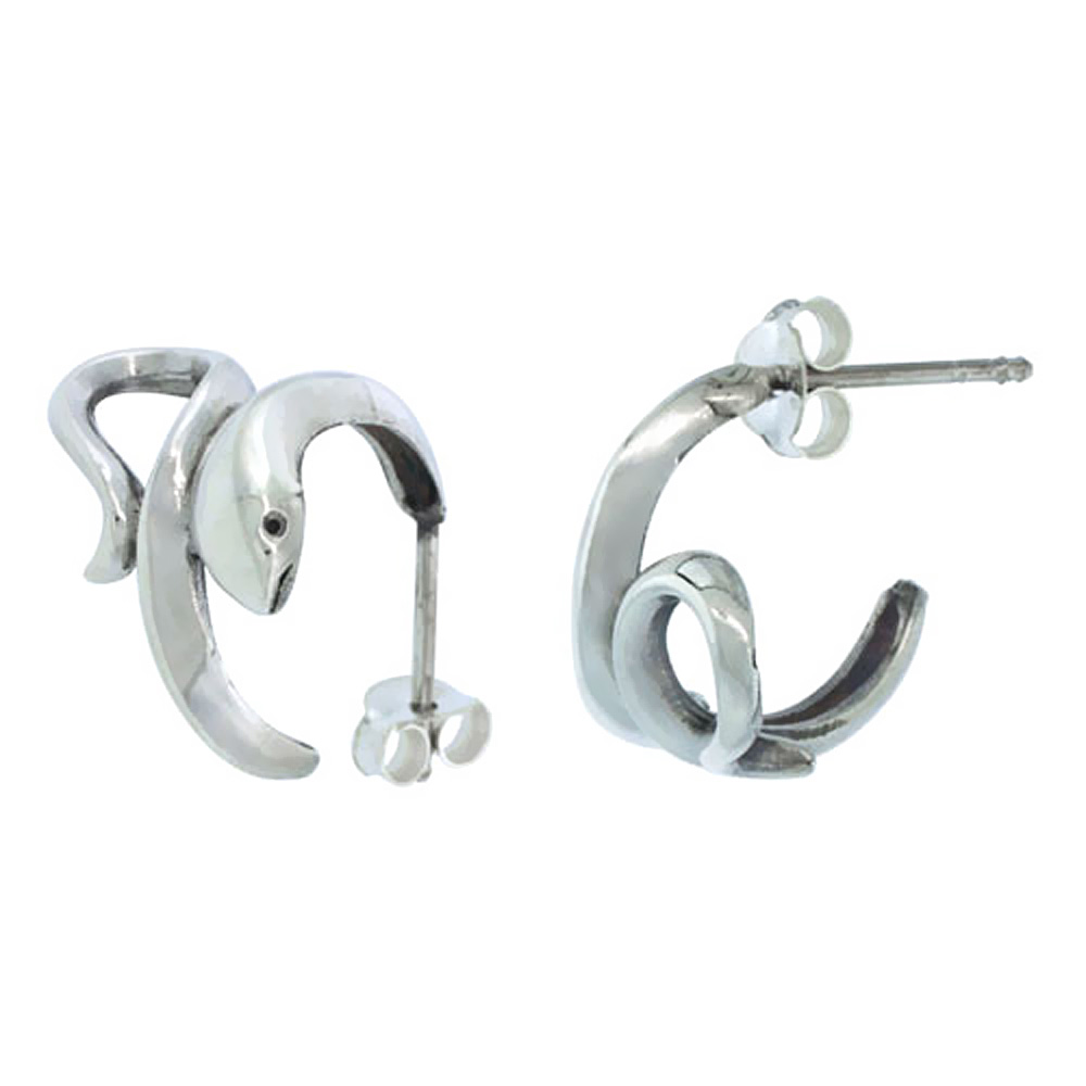 Small Sterling Silver Post Hoop Snake Earrings, 5/8 inch