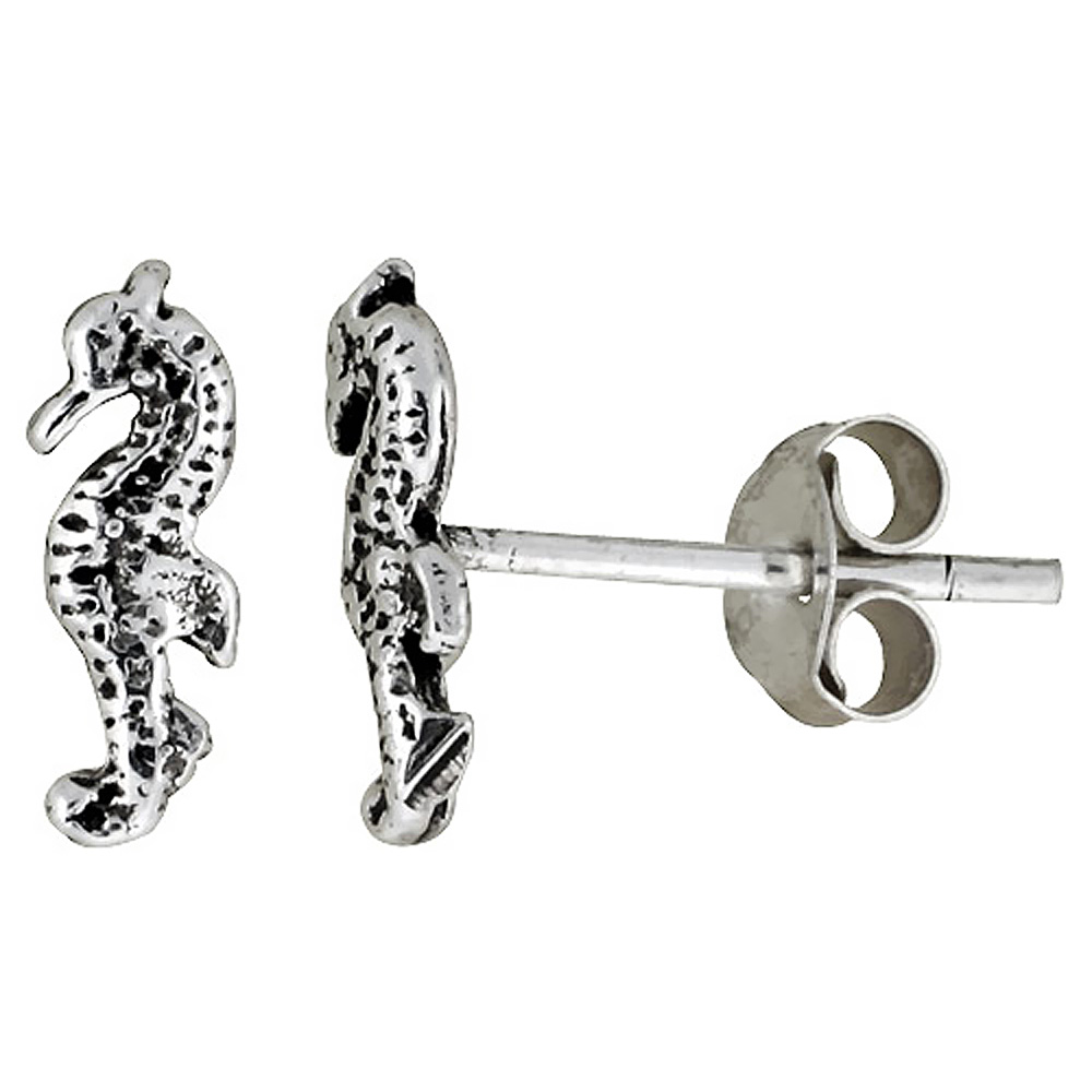 Tiny Sterling Silver Seahorse Stud Earrings 3/8 inch