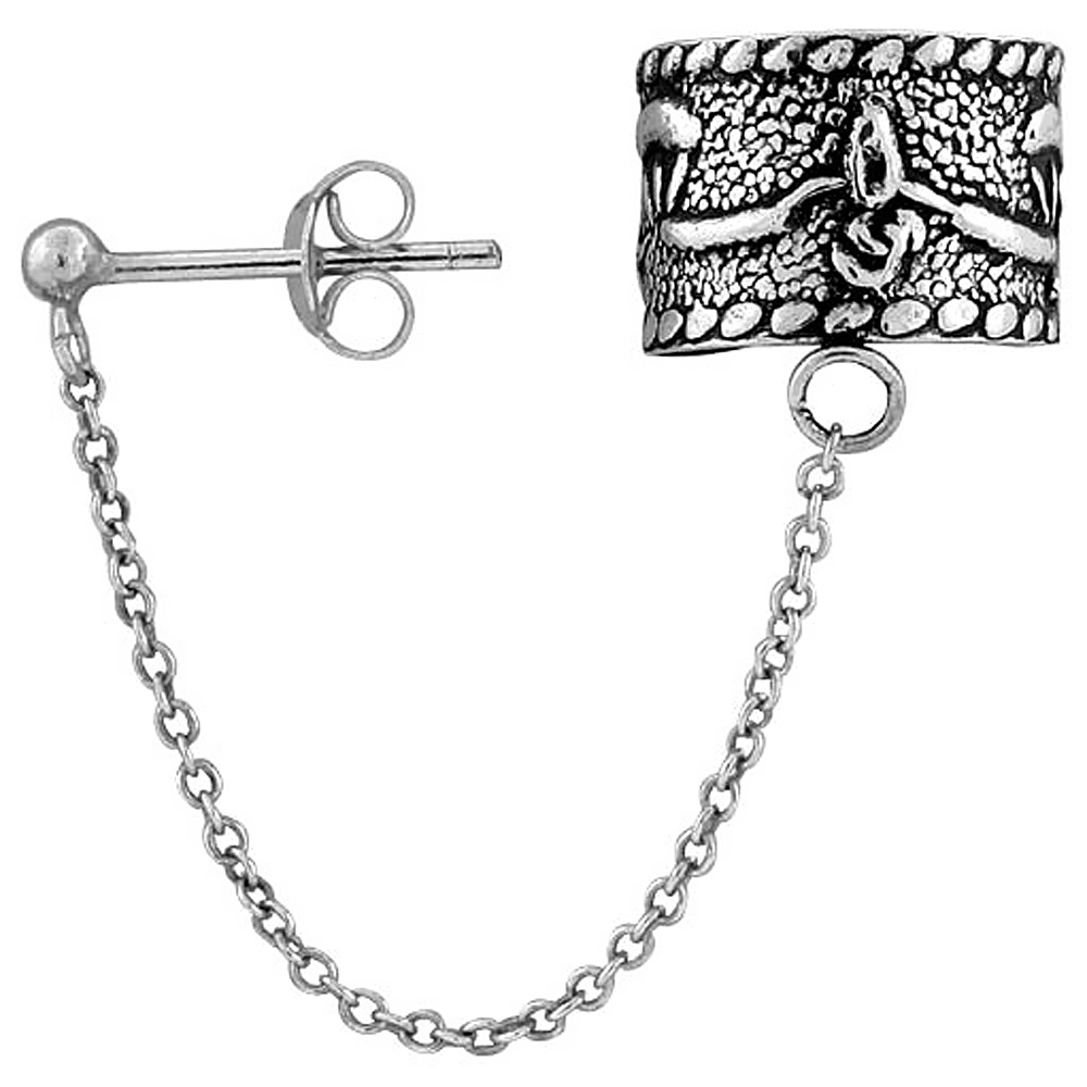 Sterling Silver Ear Cuff Earring with chain &amp; Ball Stud (one piece), 1/2 inch