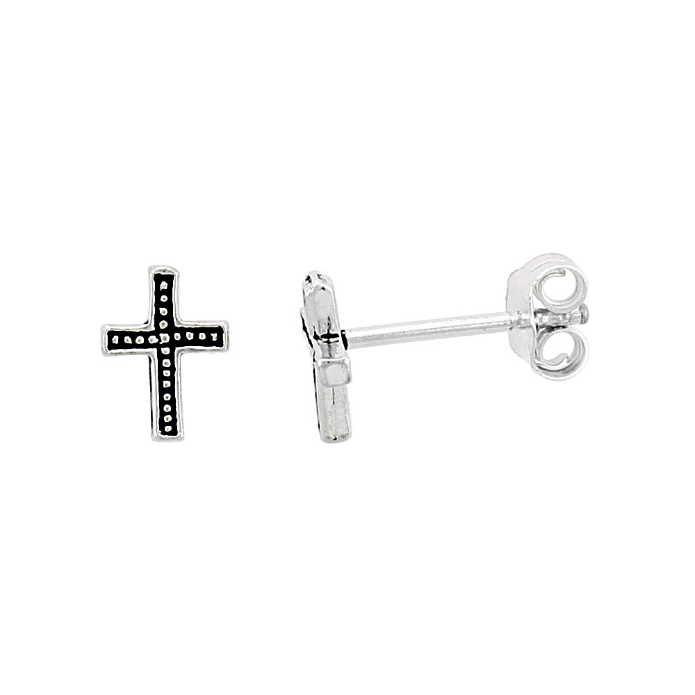 Tiny Sterling Silver Cross Stud Earrings 3/8 inch