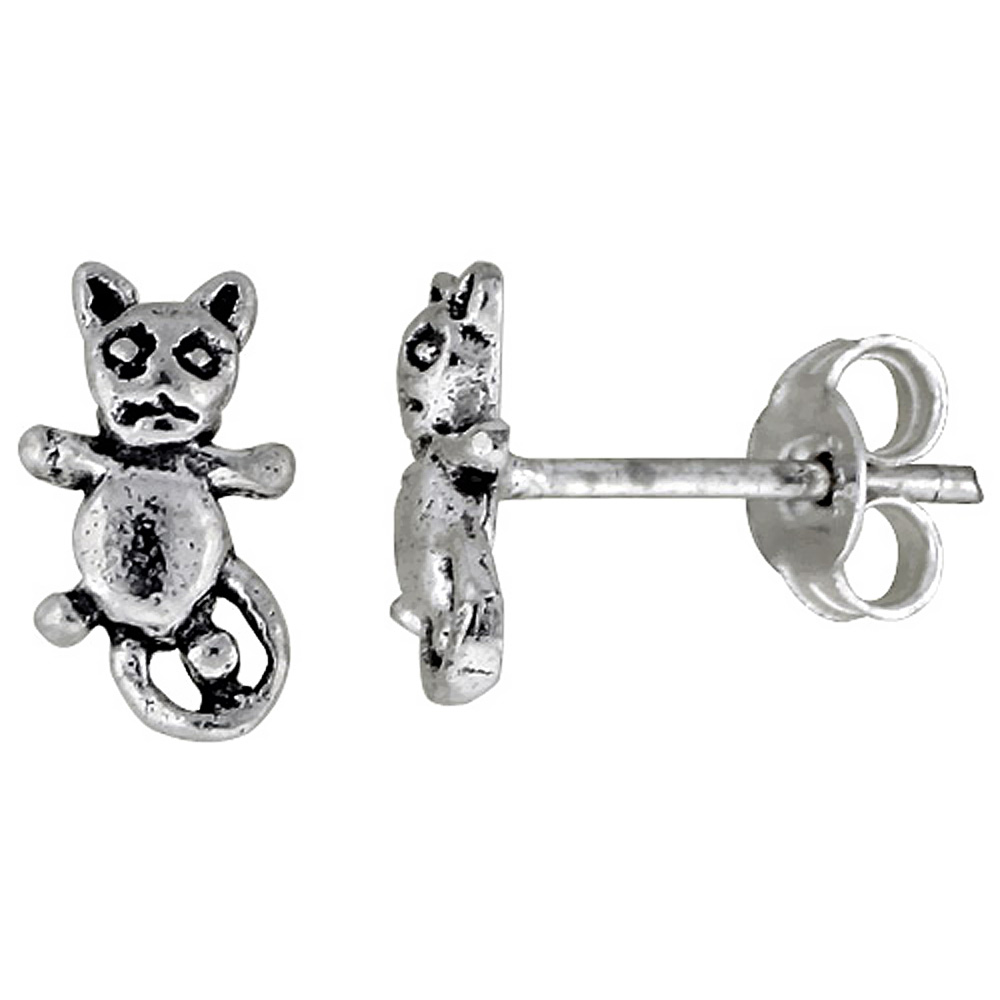 Tiny Sterling Silver Cat Stud Earrings 3/8 inch