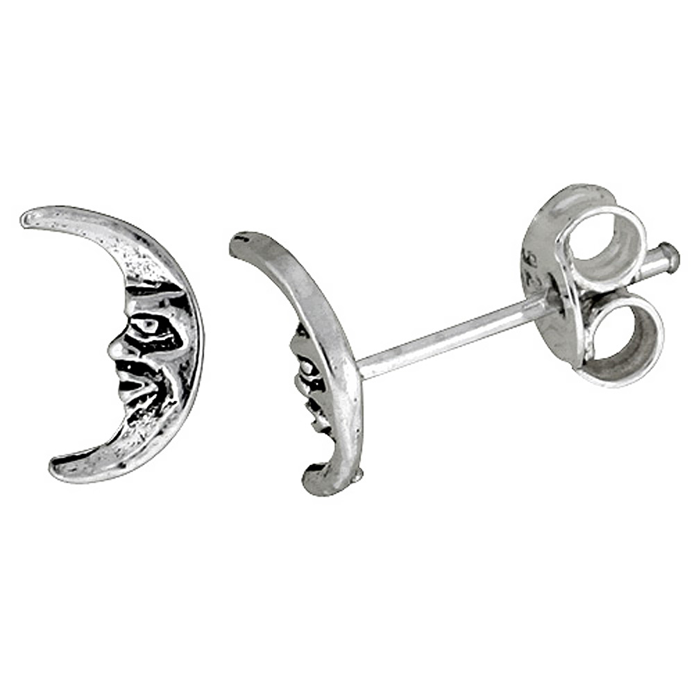 Tiny Sterling Silver Moon Stud Earrings 3/8 inch