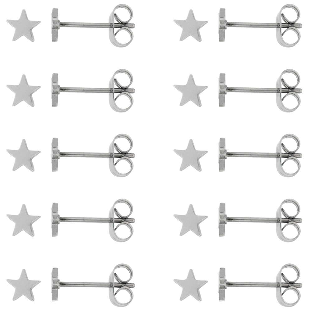 10 PAIR PACK Tiny Stainless Steel Star Stud Earrings, 3/16 inch