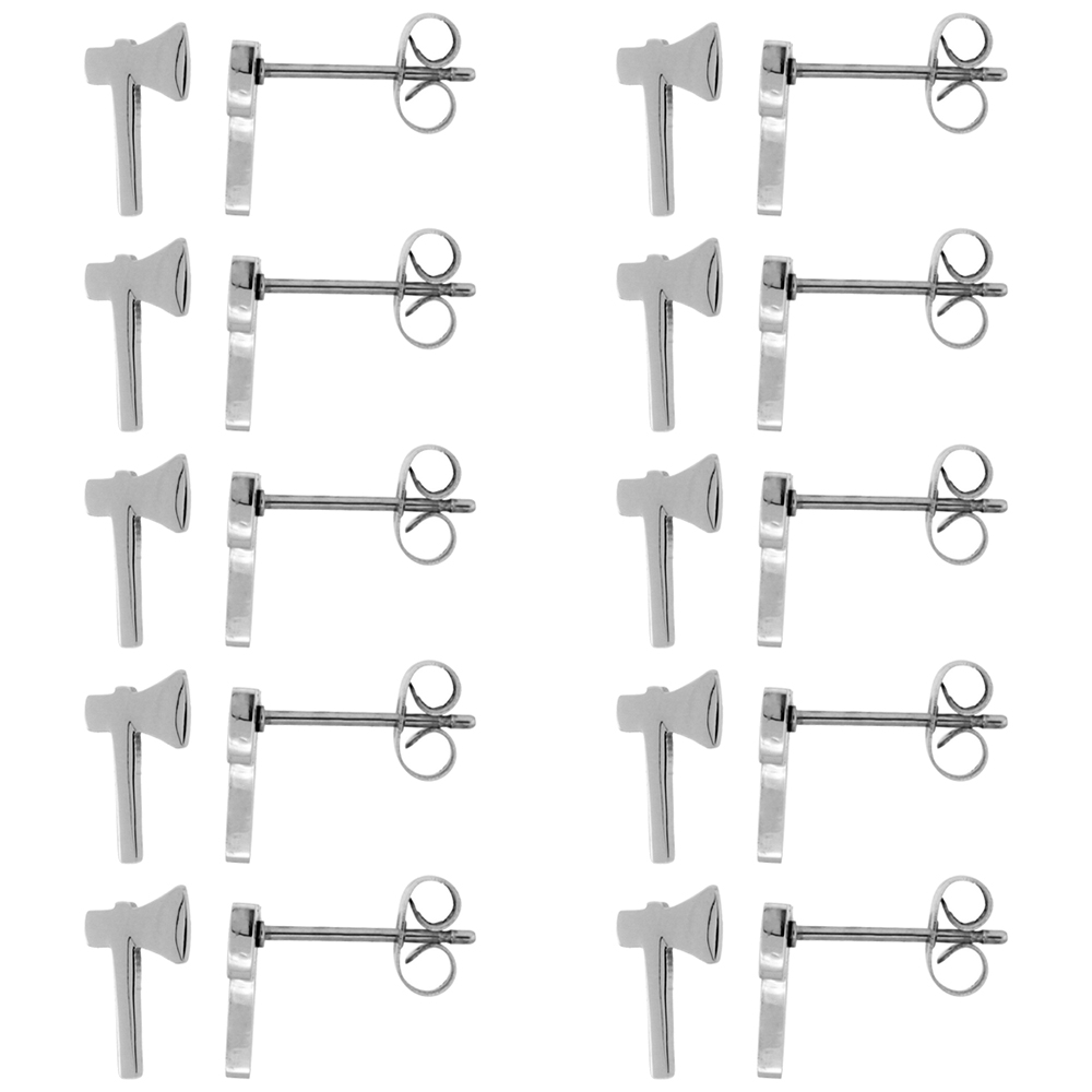 10 PAIR PACK Small Stainless Steel Tomahawk Stud Earrings, 1/2 inch