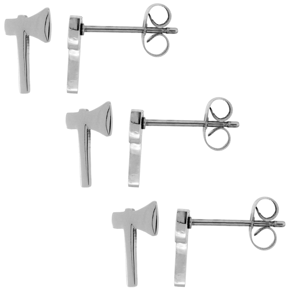 3 PAIR PACK Small Stainless Steel Tomahawk Stud Earrings, 1/2 inch