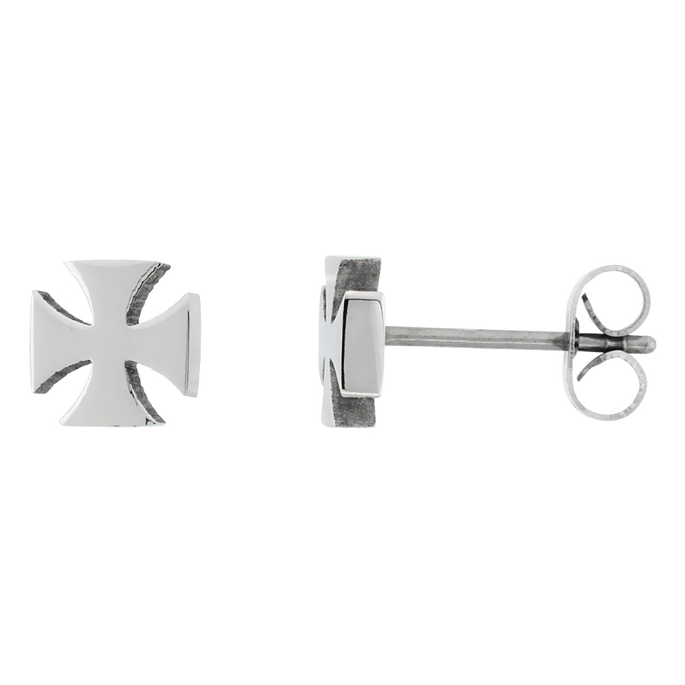 Small Stainless Steel Maltese Cross Stud Earrings, 1/4 inch