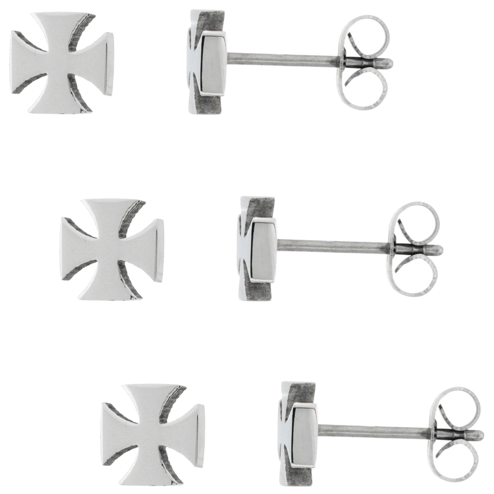 3 PAIR PACK Small Stainless Steel Maltese Cross Stud Earrings, 1/4 inch