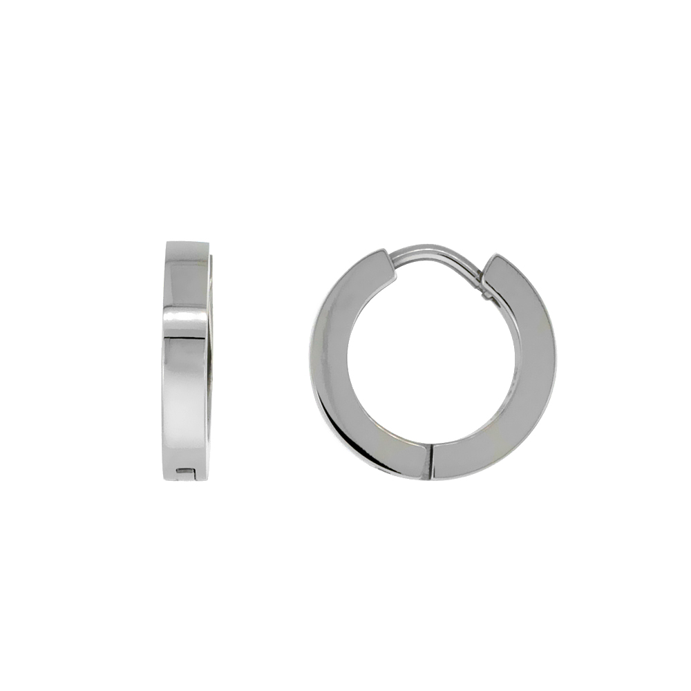 Stainless Steel Thin Plain Huggie Earrings Square Edge, 1/2 inch diameter