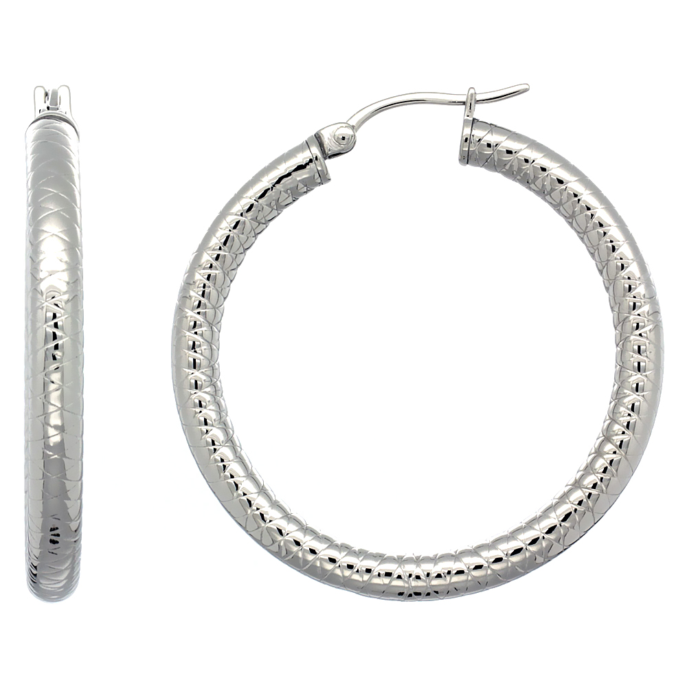 Stainless Steel Hoop Earrings 1 1/2 inch Tight Zigzag Pattern 4mm Tube Light Weight