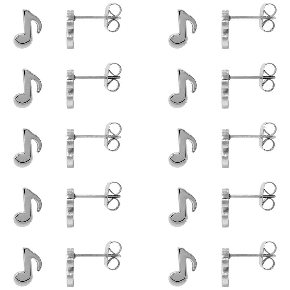10 PAIR PACK Small Stainless Steel Musical Eighth Note Stud Earrings Quaver Musical Symbol, 3/8 inch