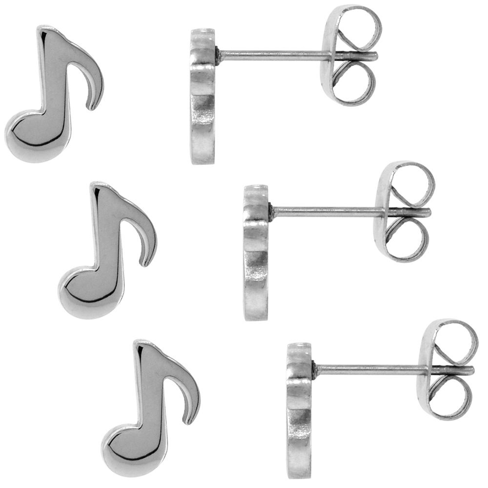 3 PAIR PACK Small Stainless Steel Musical Eighth Note Stud Earrings Quaver Musical Symbol, 3/8 inch