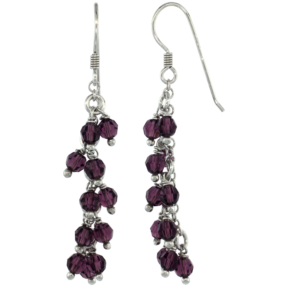 Sterling Silver Amethyst Swarovski Crystals Cluster Drop Earrings, 2 3/16 in. (56 mm) tall