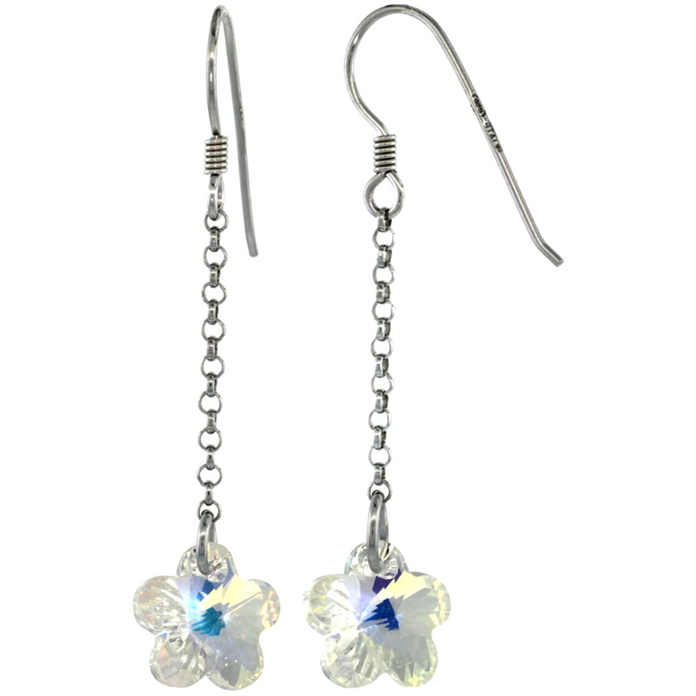 Sterling Silver Flower Clear Swarovski Crystals Drop Earrings, 2 1/16 in. (52 mm) tall