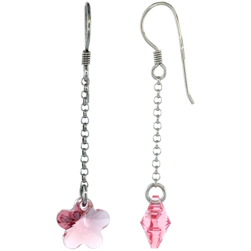 Sterling Silver Flower Pink Sapphire Swarovski Crystals Drop Earrings, 2 1/16 in. (52 mm) tall