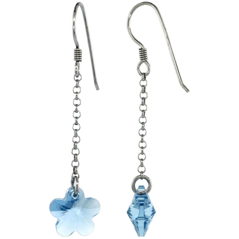 Sterling Silver Flower Blue Topaz Swarovski Crystals Drop Earrings, 2 1/16 in. (52 mm) tall