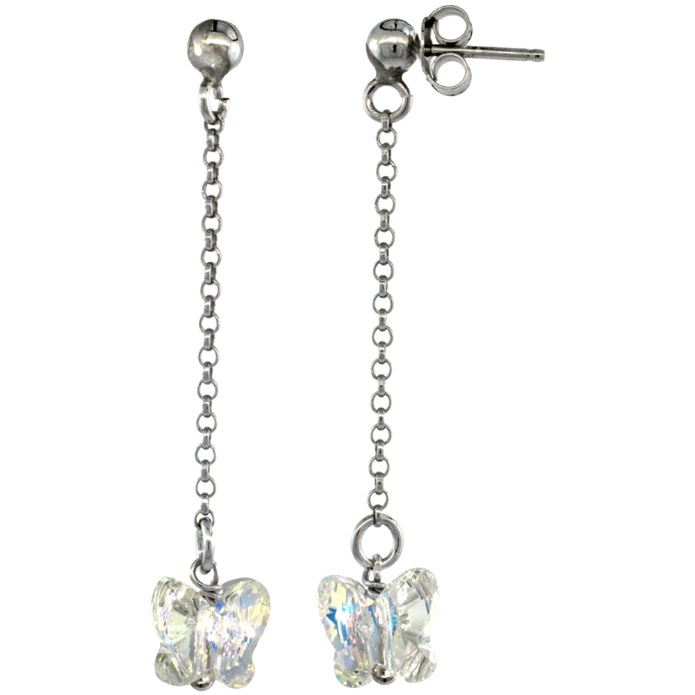 Sterling Silver Butterfly Clear Swarovski Crystal Drop Earrings, 1 13/16 in. (46 mm) tall