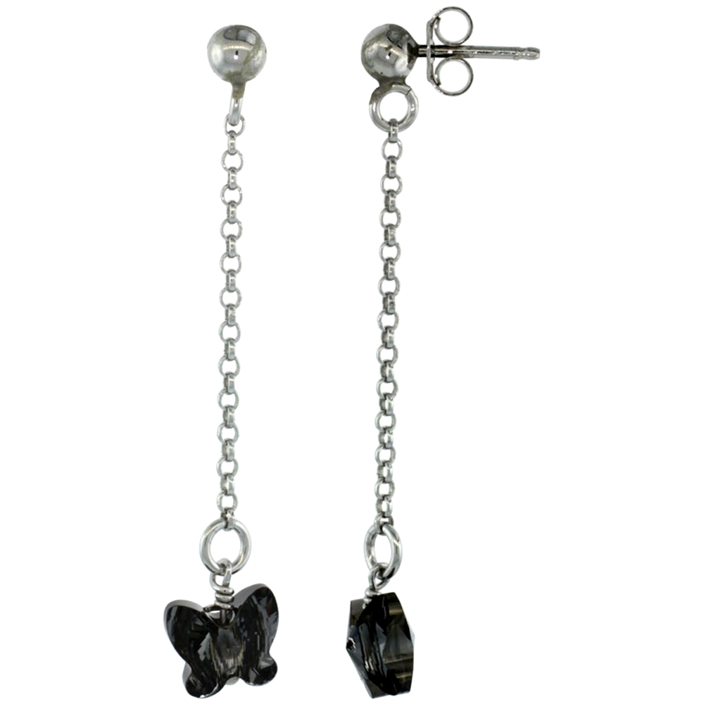 Sterling Silver Butterfly Smoky Topaz Swarovski Crystal Drop Earrings, 1 13/16 in. (46 mm) tall