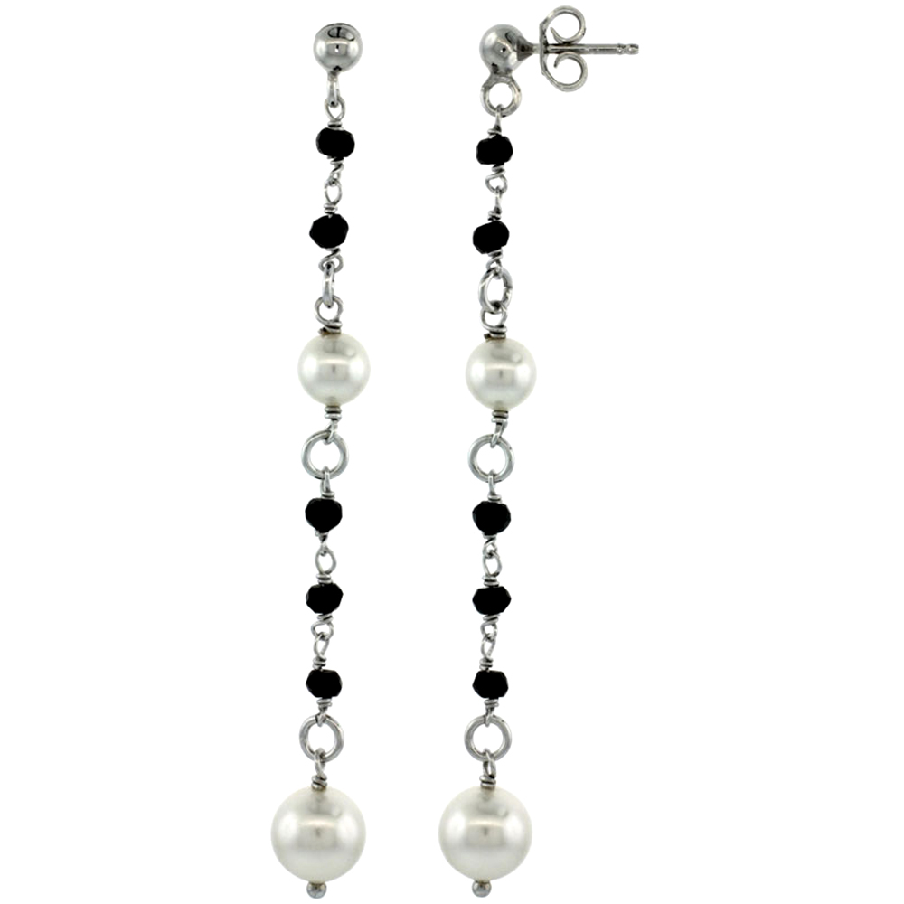 Sterling Silver Black Swarovski Crystals & Pearls Drop Earrings, 2 7/8 in. (73 mm) tall