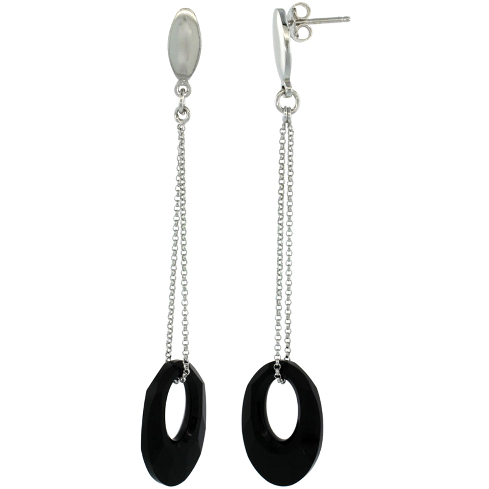 Sterling Silver Black Swarovski Crystal Oval Cut Out Drop Earrings, 2 11/16 in. (69 mm) tall