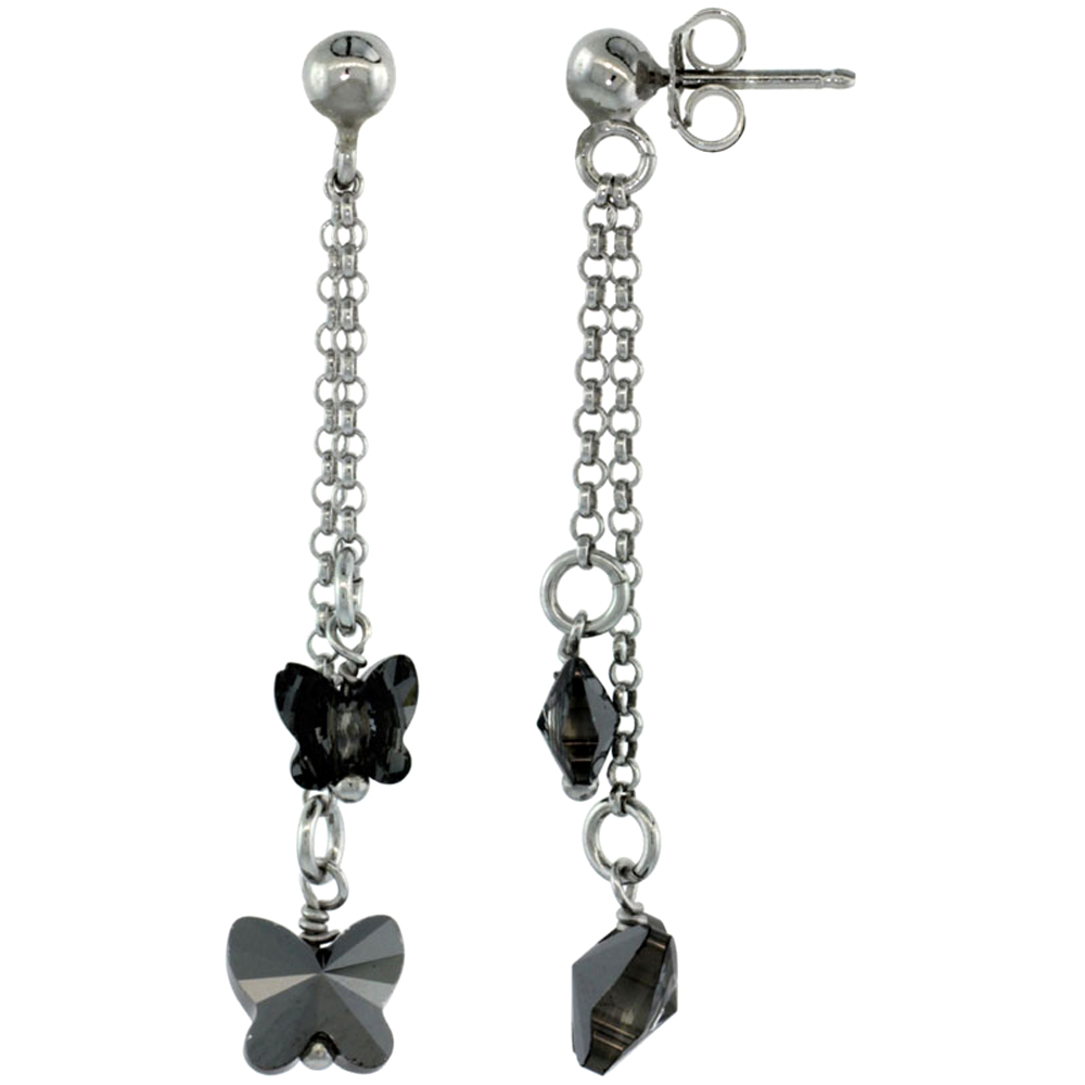 Sterling Silver Double Butterfly Smoky Topaz Swarovski Crystal Drop Earrings, 1 13/16 in. (46 mm) tall