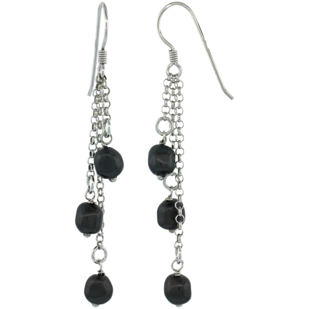 Sterling Silver Black Swarovski Pearl Drop Earrings, 2 9/16 in. (65 mm) tall