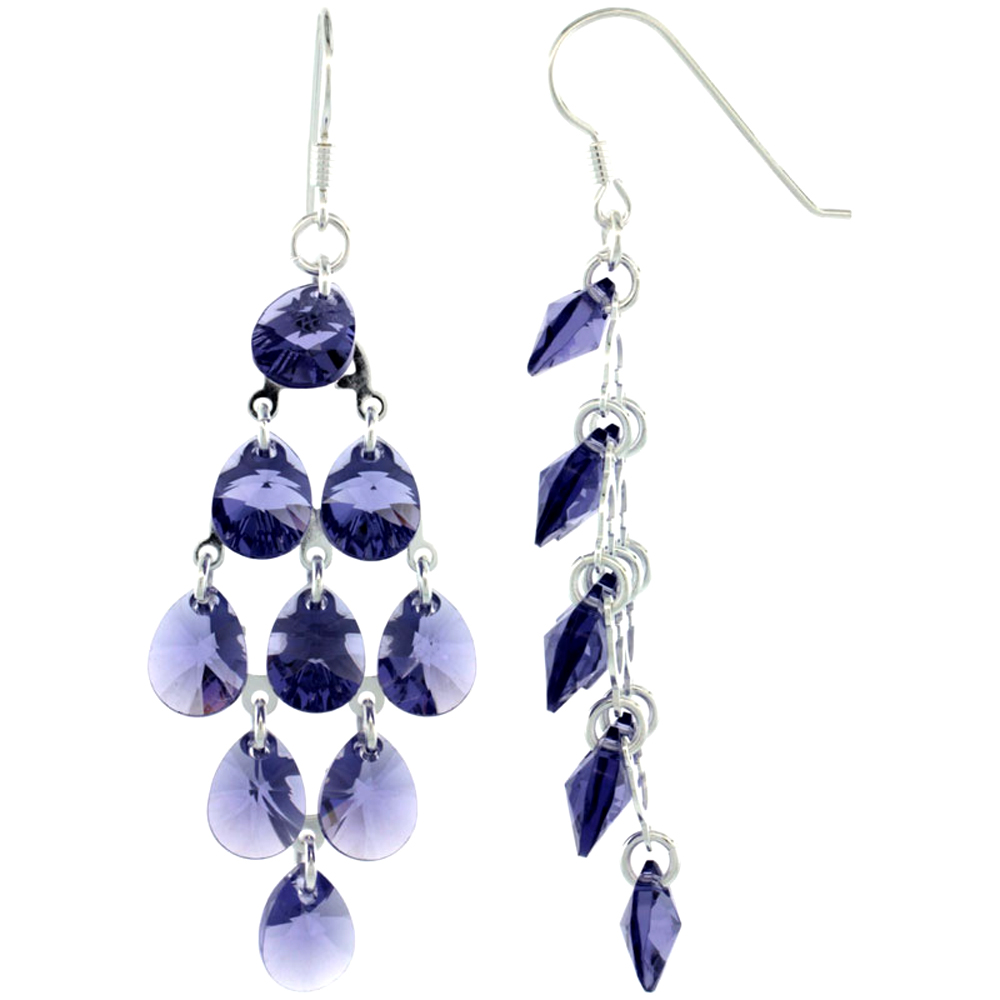 Sterling Silver Teardrop Tanzanite Swarovski Crystals Chandelier Earrings, 2 7/8 in. (73 mm) tall