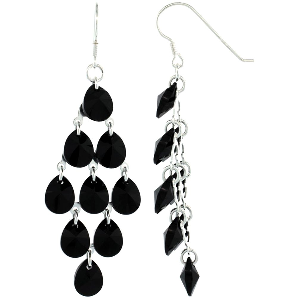 Sterling Silver Teardrop Black Swarovski Crystals Chandelier Earrings, 2 7/8 in. (73 mm) tall