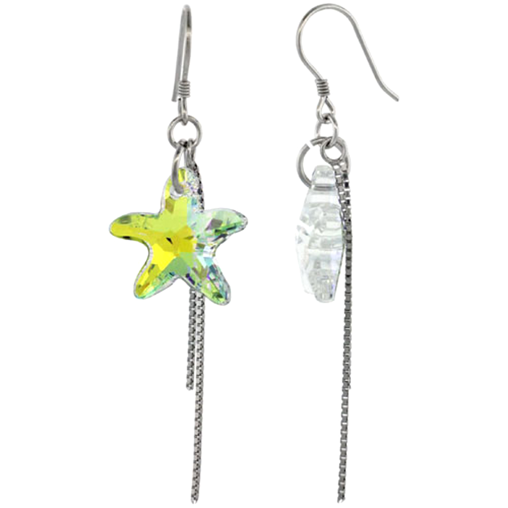 Sterling Silver Dangle Earrings w/ Yellow Swarovski Crystal Starfish 2 1/4 in. (58 mm) tall, Rhodium Finish