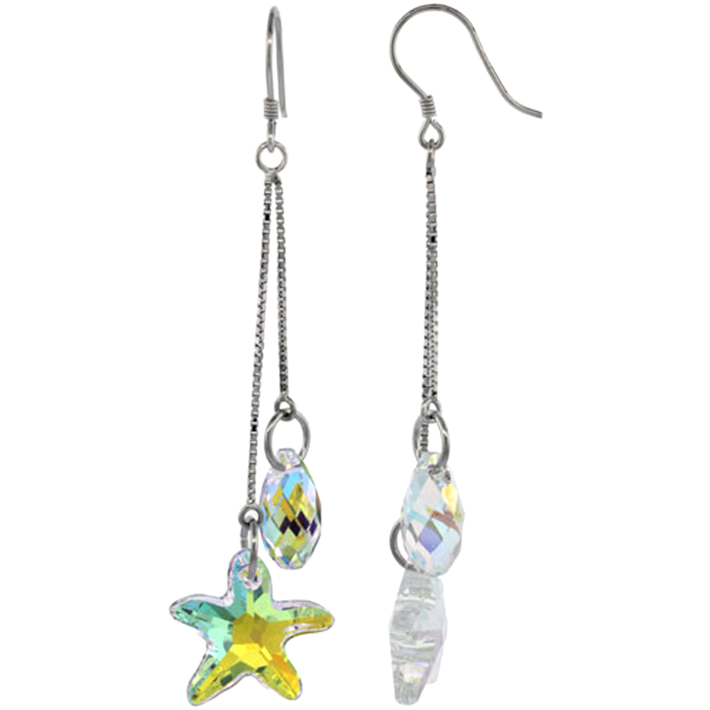 Sterling Silver Dangle Earrings w/ Yellow Swarovski Crystal Starfish 2 3/4 in. (70 mm) tall, Rhodium Finish