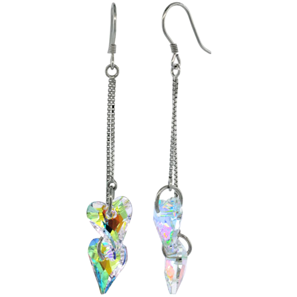 Sterling Silver Dangle Earrings w/ Yellow Swarovski Crystal Double Heart 2 1/2 in. (63 mm) tall, Rhodium Finish