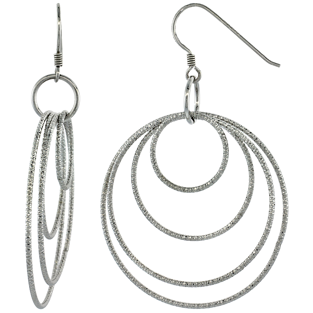 Sterling Silver Graduated Wire Dangling Circles Hanging Hoop Diamond Cut Earrings w/ Rhodium Finish, 2 5/8 in. (67 mm) tall