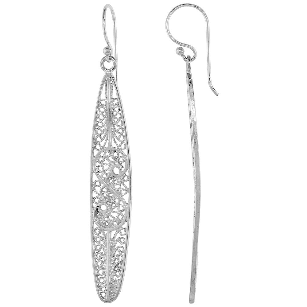 Sterling Silver Oval shape Filigree Earrings 2 1/2 inch