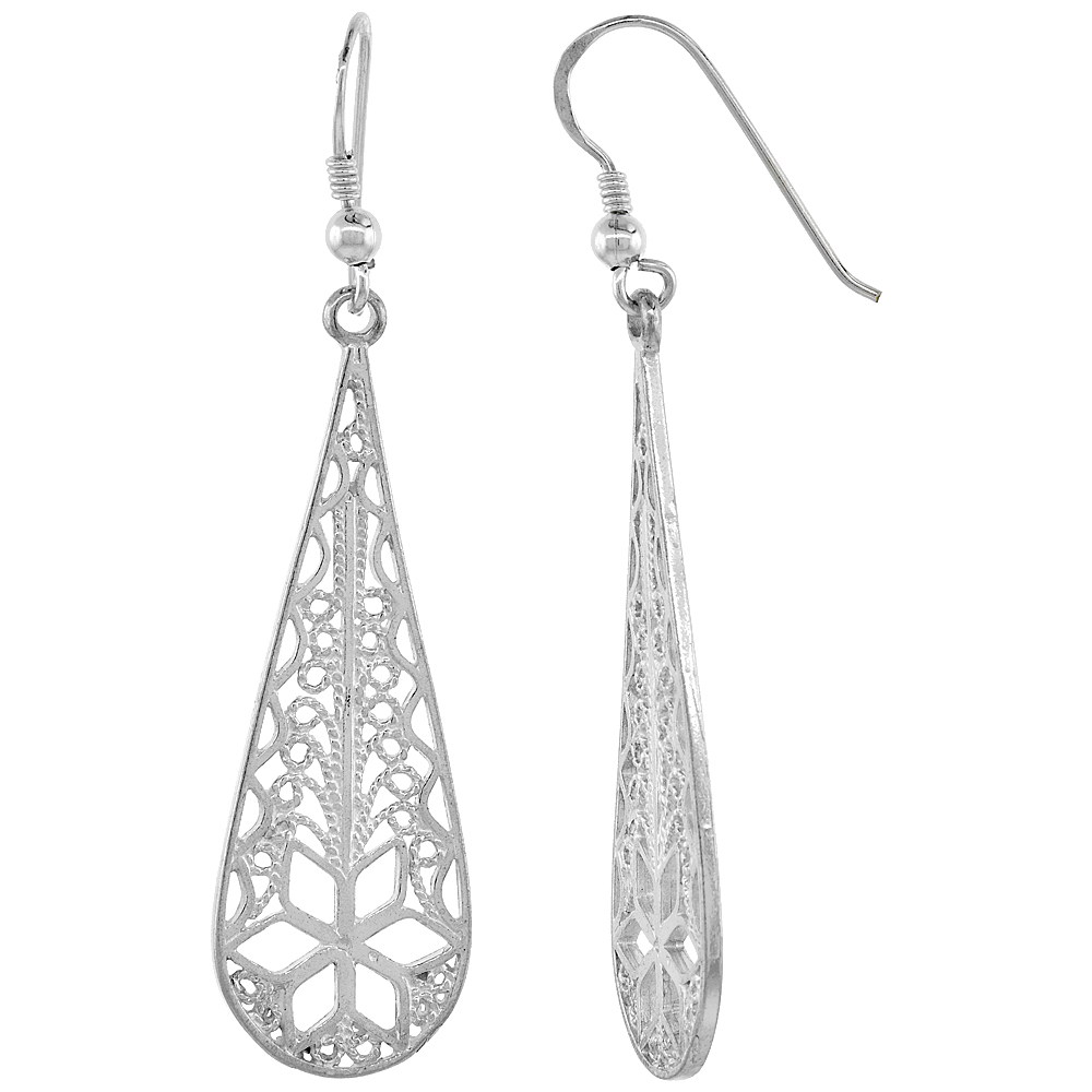 Sterling Silver Filigree Teardrop Earrings Floral Designs 2 3/16 inch