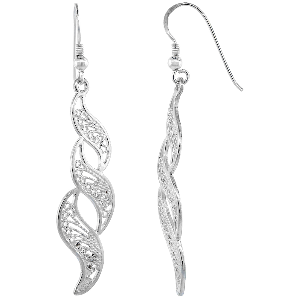 Sterling Silver Filigree Earrings, Wave Designs 2 3/16 inch
