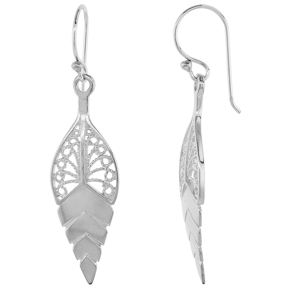 Sterling Silver Leaf Filigree Earrings 1 3/4 inch