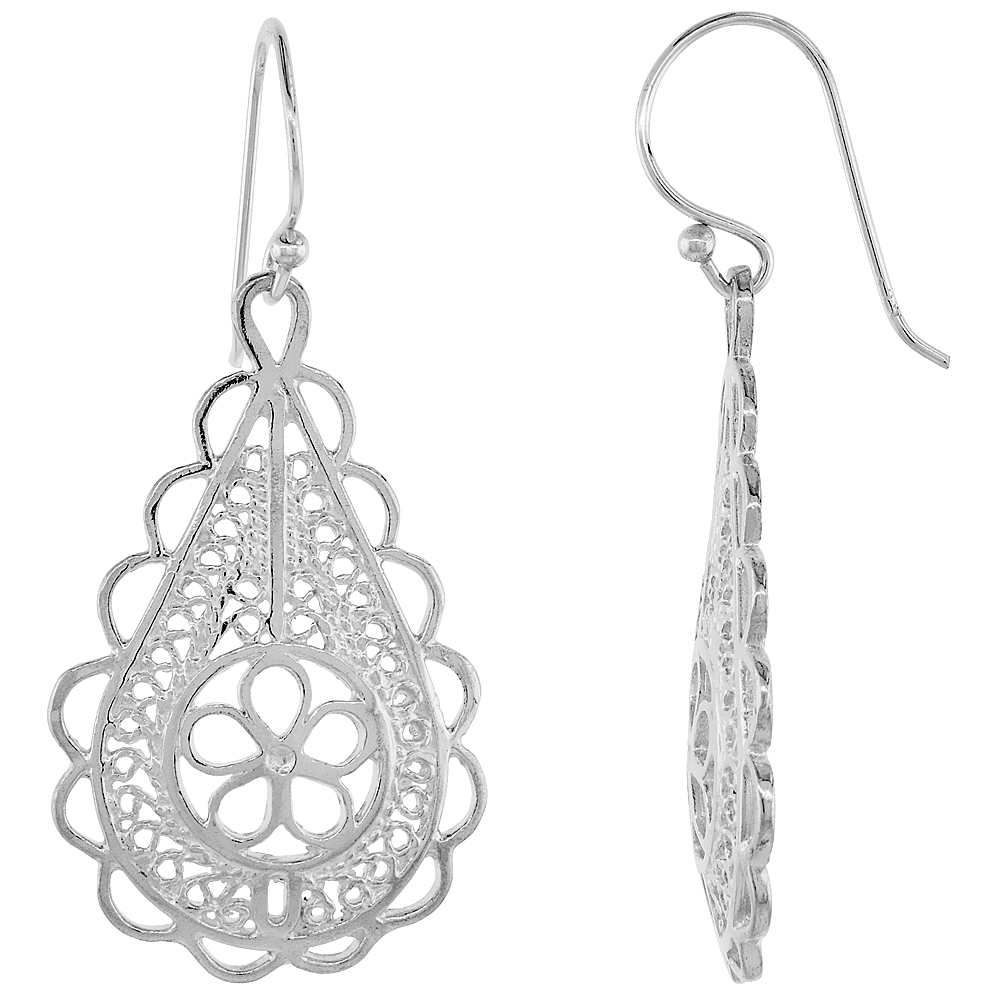 Sterling Silver Teardrop Filigree Earrings 1 3/4 inch