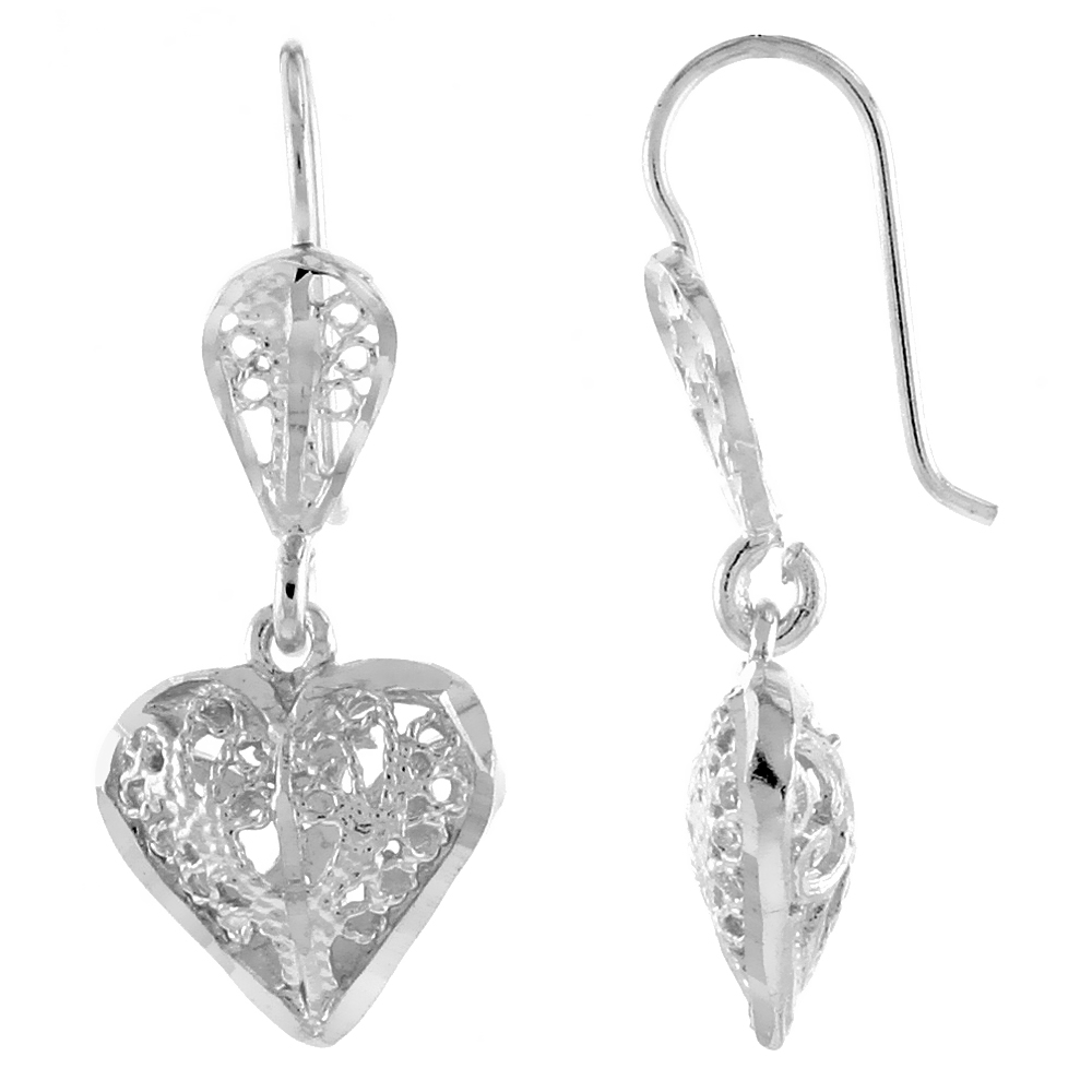 Sterling Silver Filigree Puffy Heart Earrings 1 1/16 inch