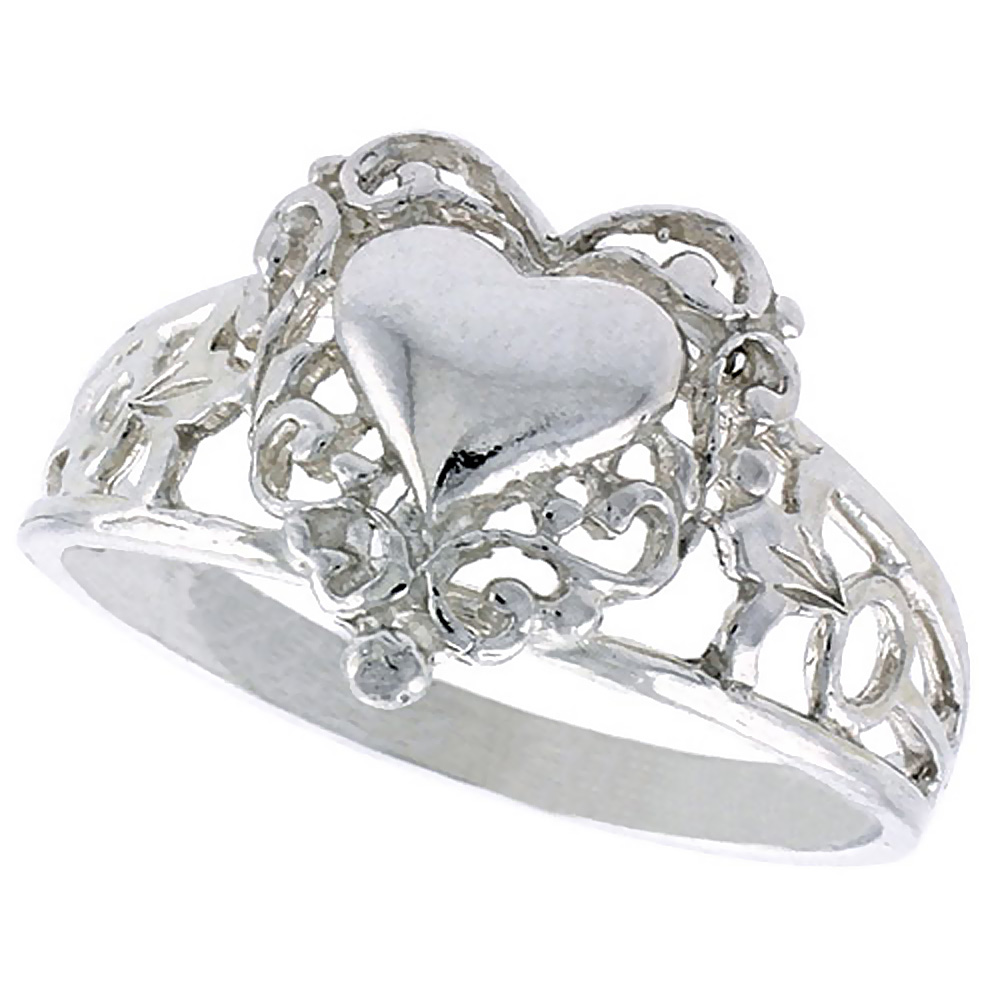 Sterling Silver Filigree Heart Ring Polished finish 1/2 inch wide, sizes 6 - 9