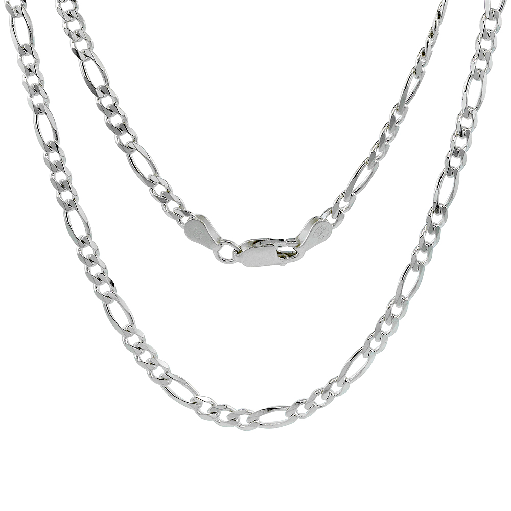 Sterling Silver 4mm Figaro Link Chain Necklaces &amp; Bracelets for Women and men Beveled Edge Nickel Free Italy 7-30 inch