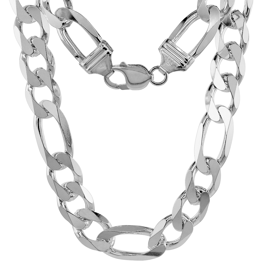 Thick Sterling Silver 13mm Figaro Link Chain Necklaces &amp; Bracelets for Men and Women Beveled Edge Nickel Free Italy 8-30 inch