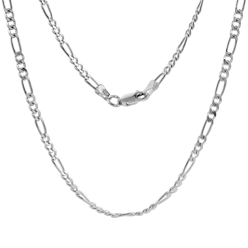 Sterling Silver 3mm Figaro Link Chain Necklaces & Bracelets for Women and men Beveled Edge Nickel Free Italy 7-30 inch
