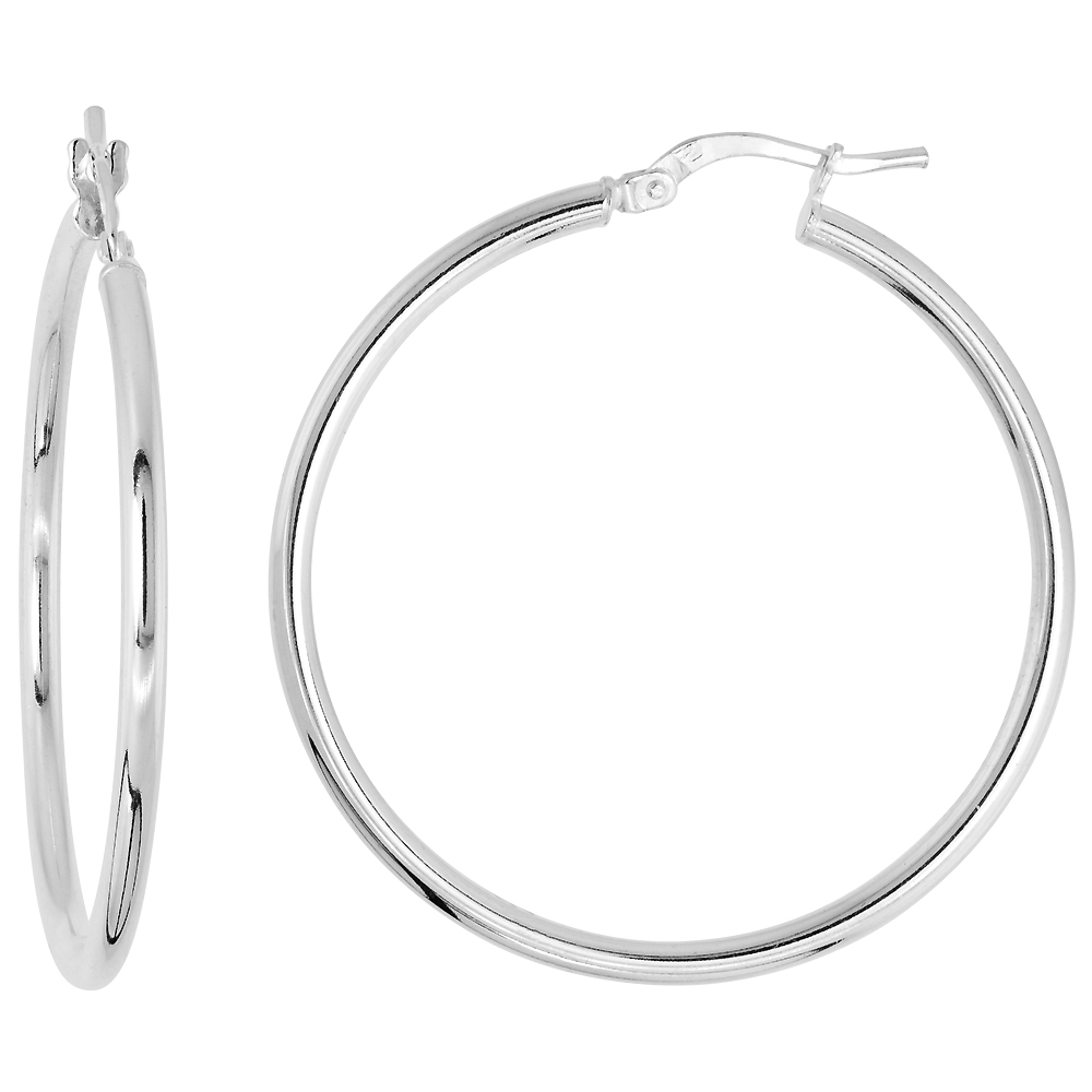 Sterling Silver Italian Hoop Earrings 2mm thin, 1 3/8 inch